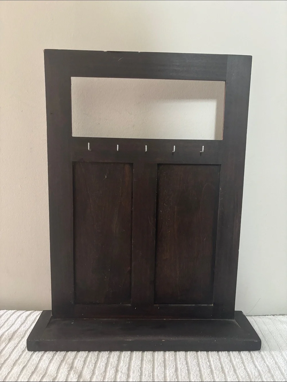 Dark Brown Wooden Wall Organizer with Hooks display for a tabletop or wall